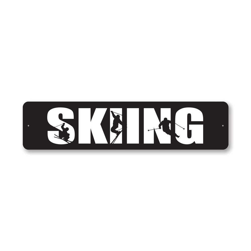 Customizable Skiing Sign made from quality aluminum, featuring skiing graphics and pre-drilled holes for easy mounting.