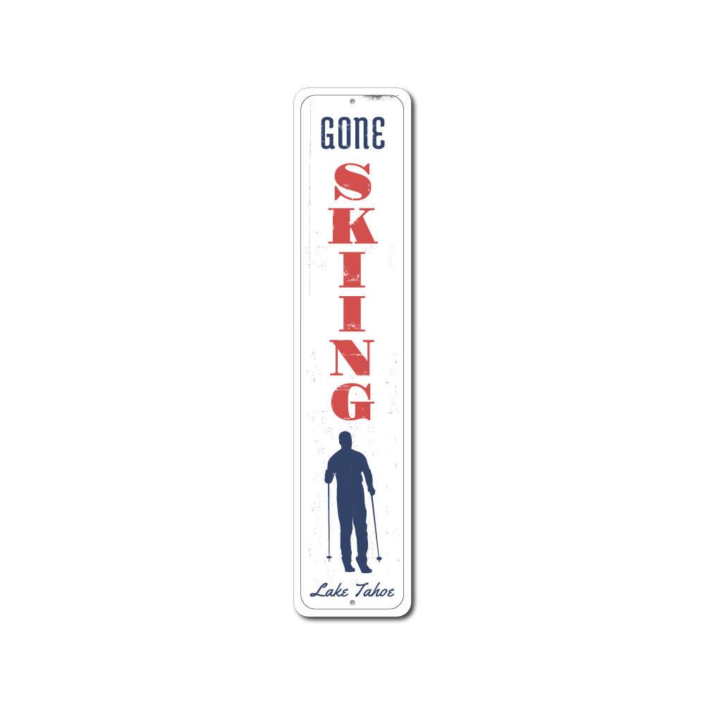 A decorative Skiing Vertical Sign made of high-quality aluminum, featuring a skiing theme, perfect for home decor.