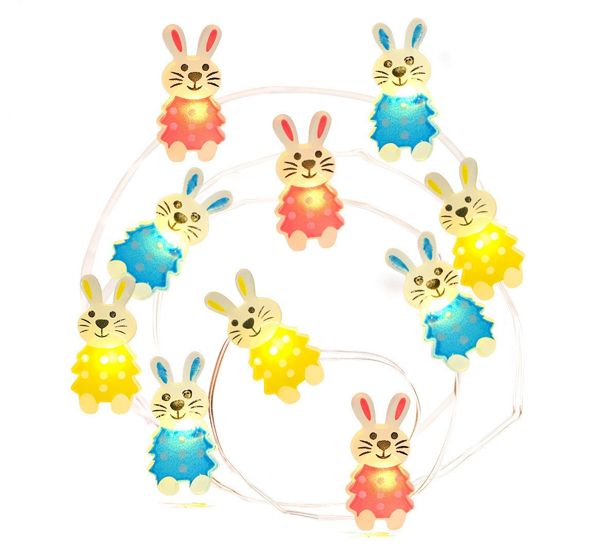 A string of 30 LED bunny-shaped lights on copper wire, perfect for Easter decorations, showcasing a warm white glow.