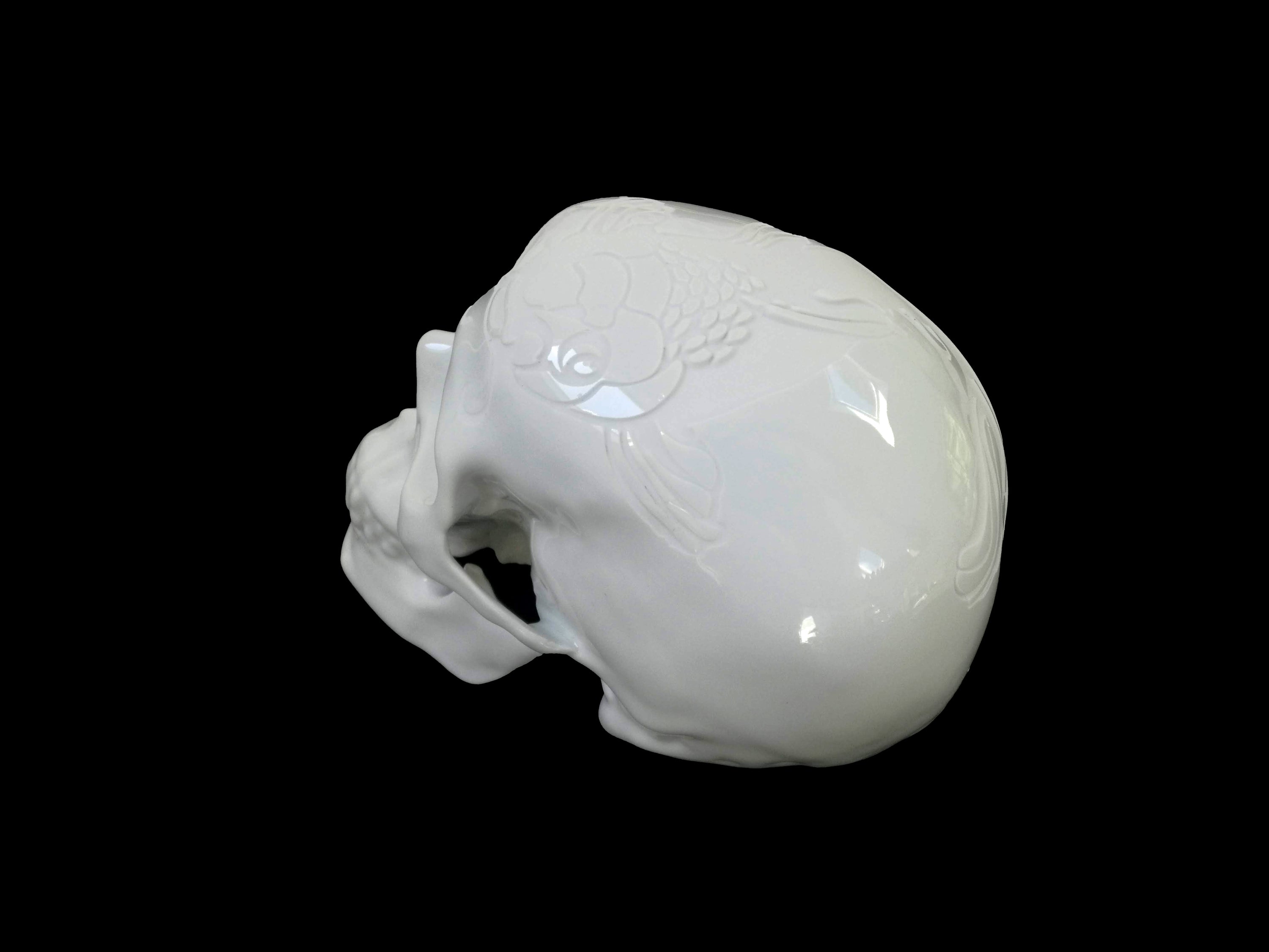 Skull Fish Koi sculpture by NooN, handmade porcelain art piece, unique design, limited edition from Limoges, France.