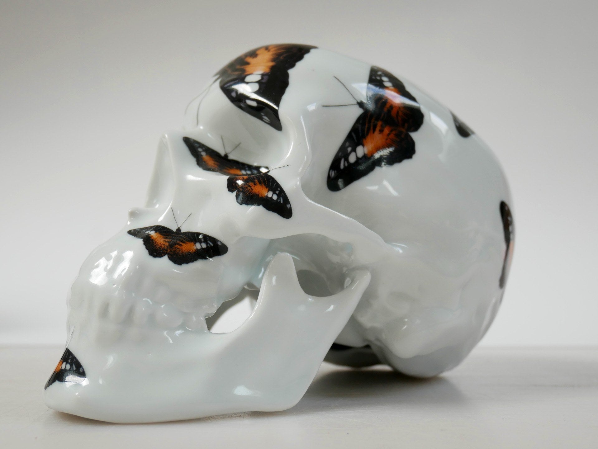 A unique Skull Orange Butterfly art piece by NooN, crafted from extra white porcelain, showcasing vibrant colors and intricate details.