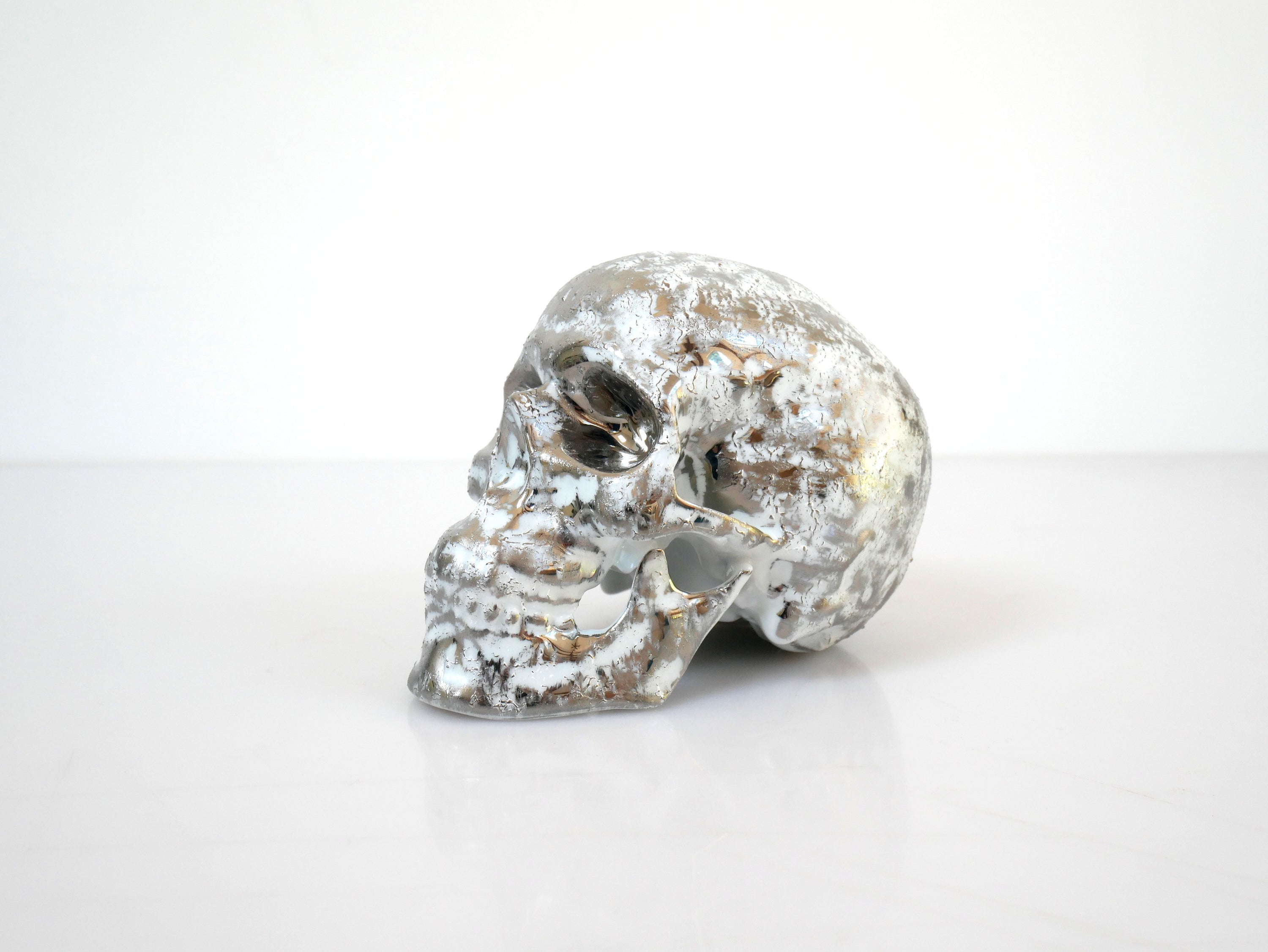 Skull Platinum B. by NooN, handcrafted porcelain skull with unique decor, made in Limoges, France.