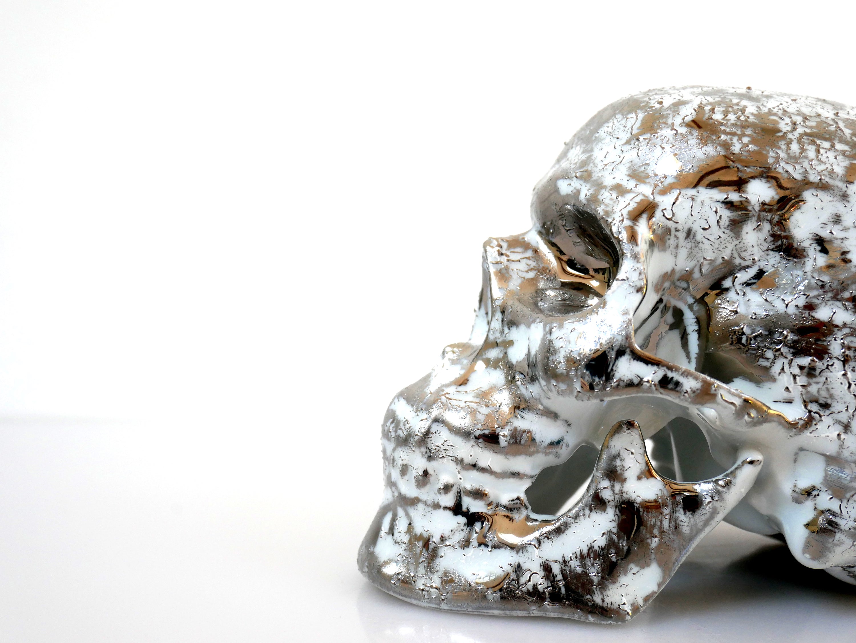 Skull Platinum B. by NooN, handcrafted porcelain skull with unique decor, made in Limoges, France.