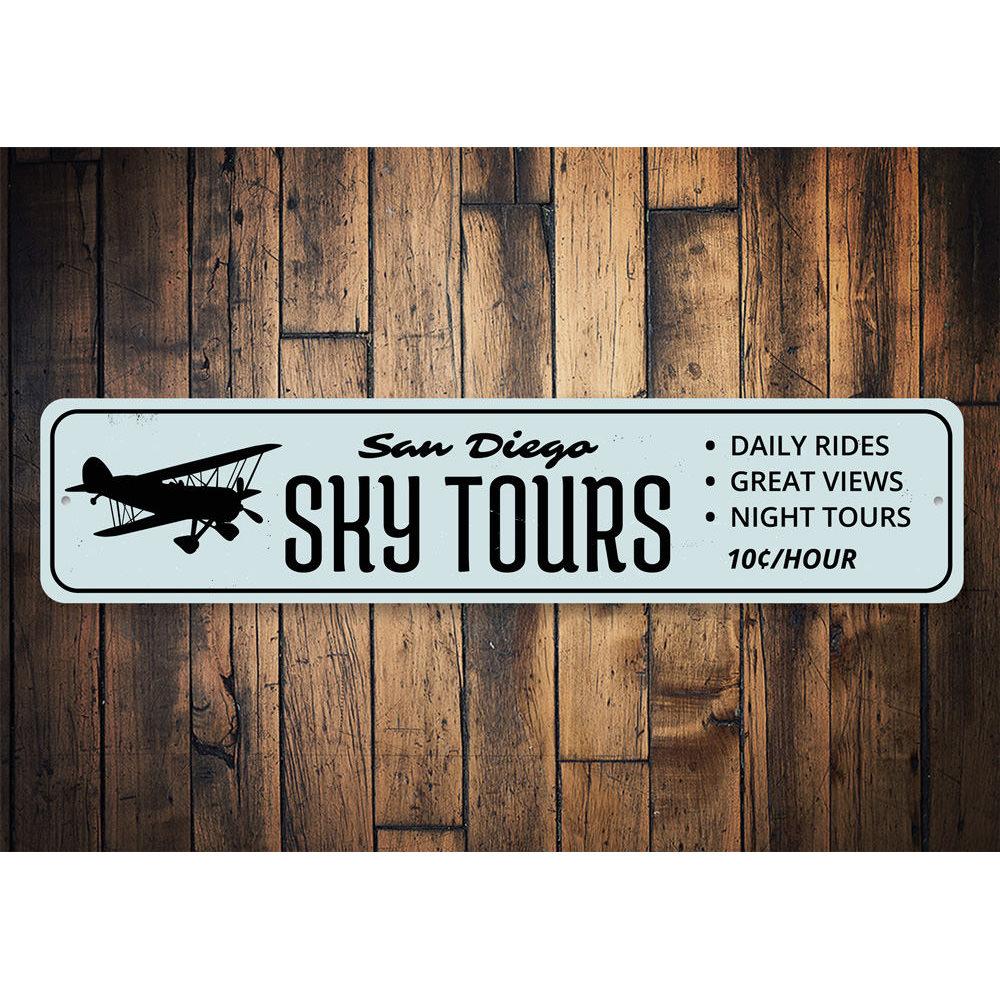 Customizable Sky Tours sign made of high-quality aluminum, featuring pre-drilled holes for easy mounting.