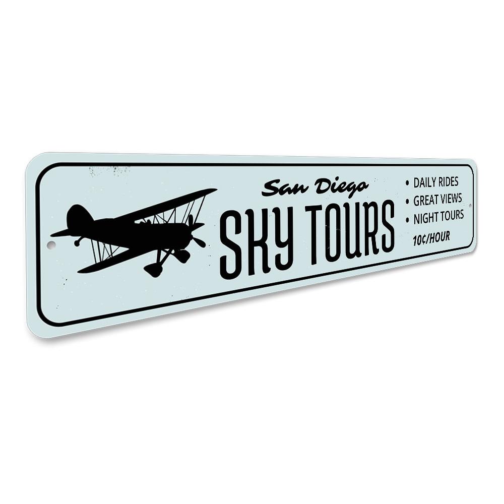 Customizable Sky Tours sign made of high-quality aluminum, featuring pre-drilled holes for easy mounting.