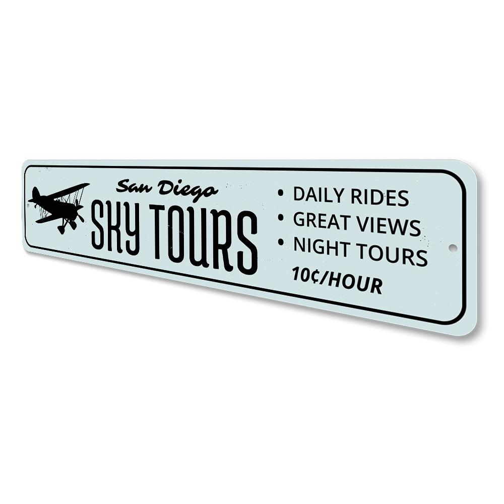 Customizable Sky Tours sign made of high-quality aluminum, featuring pre-drilled holes for easy mounting.