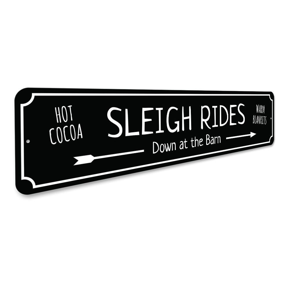 A festive Sleigh Rides Sign made of durable aluminum, featuring vibrant holiday colors and a charming design, perfect for Christmas decorations.