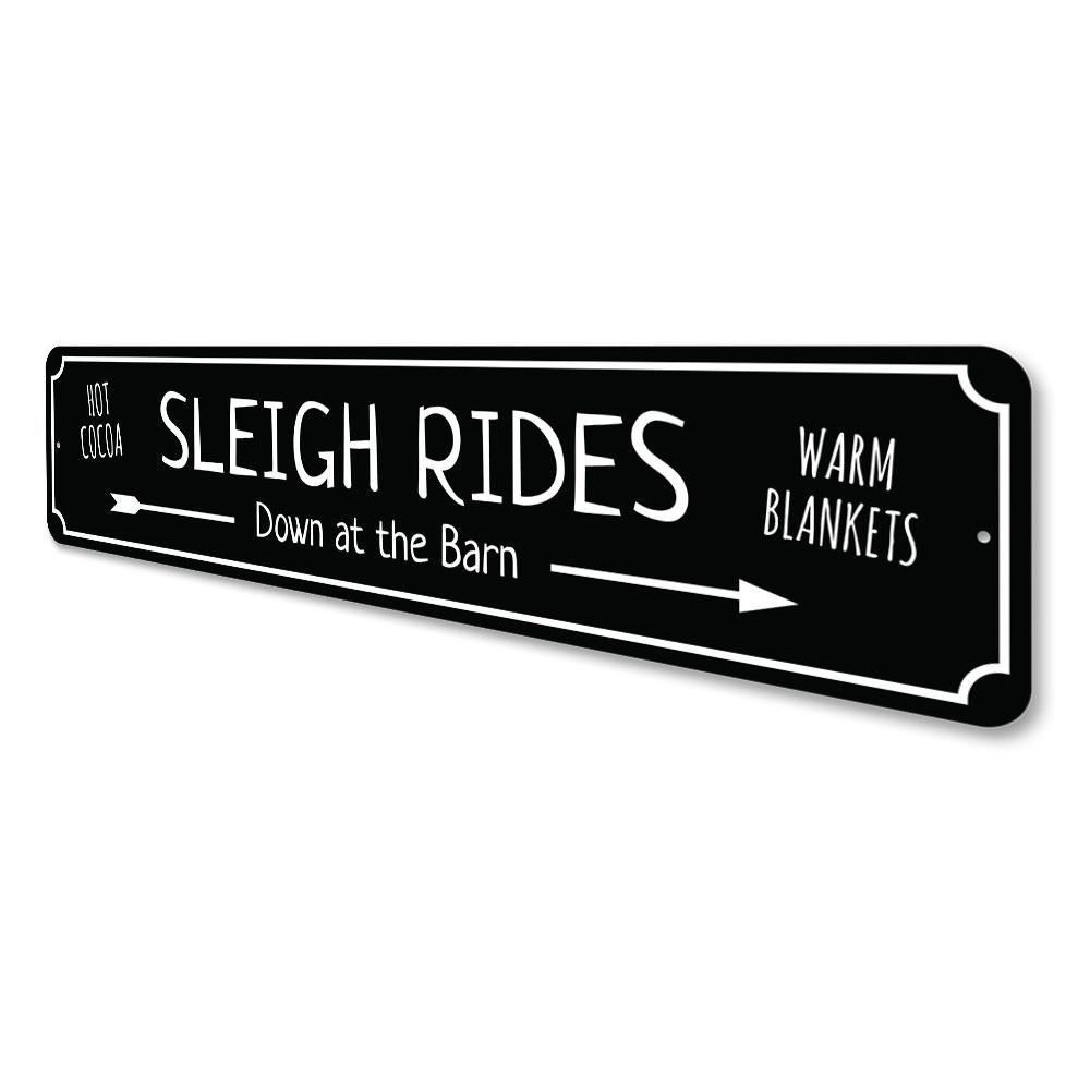 A festive Sleigh Rides Sign made of durable aluminum, featuring vibrant holiday colors and a charming design, perfect for Christmas decorations.