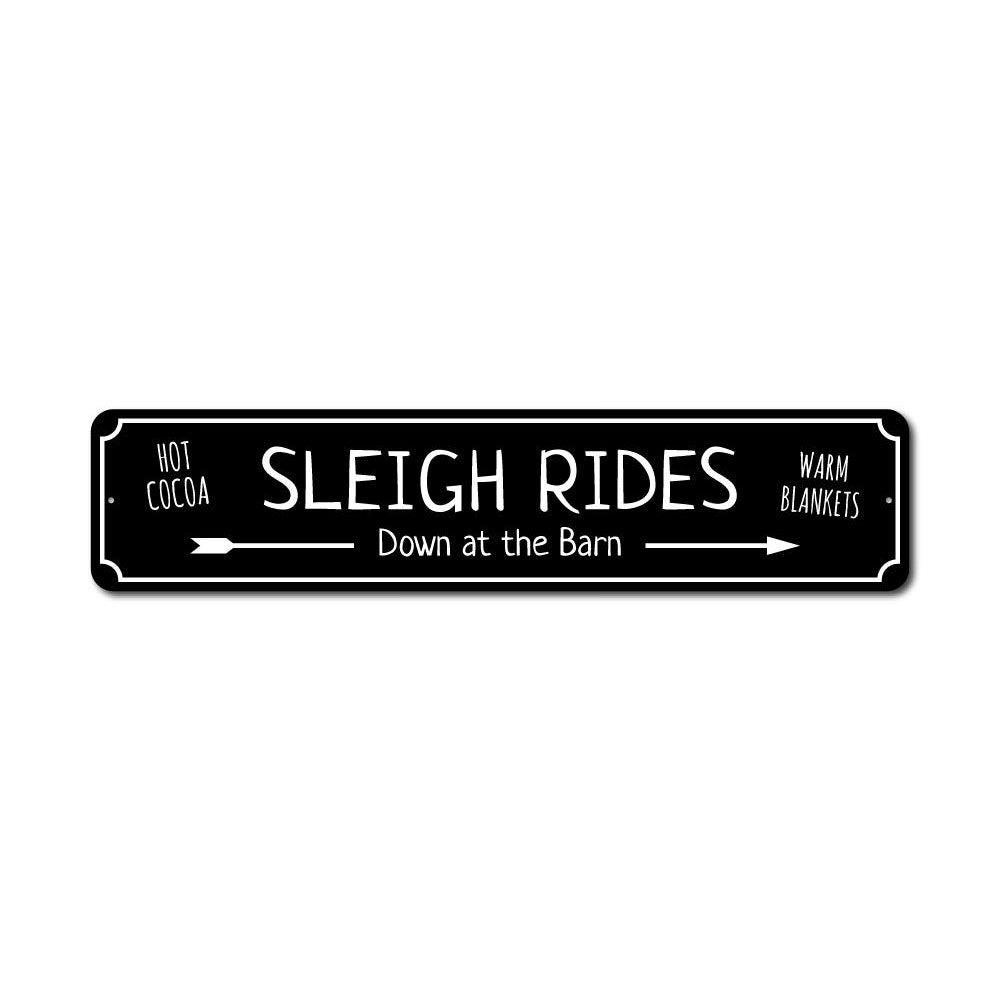 A festive Sleigh Rides Sign made of durable aluminum, featuring vibrant holiday colors and a charming design, perfect for Christmas decorations.