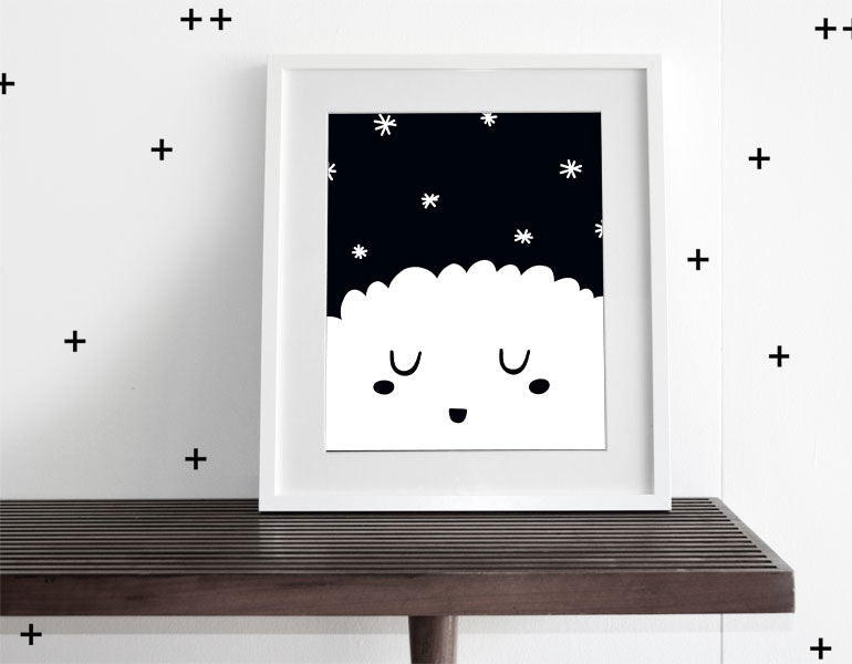 Sleepy Stars Wall Art featuring a modern design suitable for nursery decor, framed with a white matte.