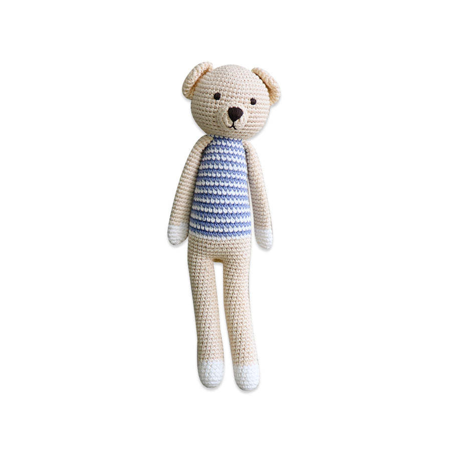 A charming Slim Standing Bear crochet toy, handcrafted from 100% cotton yarn, showcasing its slim design and soft texture.