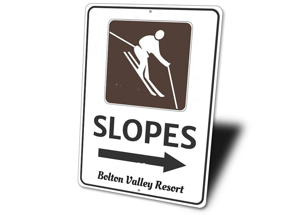 Slopes Arrow Sign made of high-quality aluminum, customizable with personal text, featuring pre-drilled holes for easy mounting.