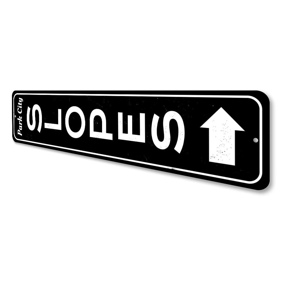 Slopes Arrow Vertical Sign made of high-quality aluminum, featuring a ski-themed design perfect for home decor.