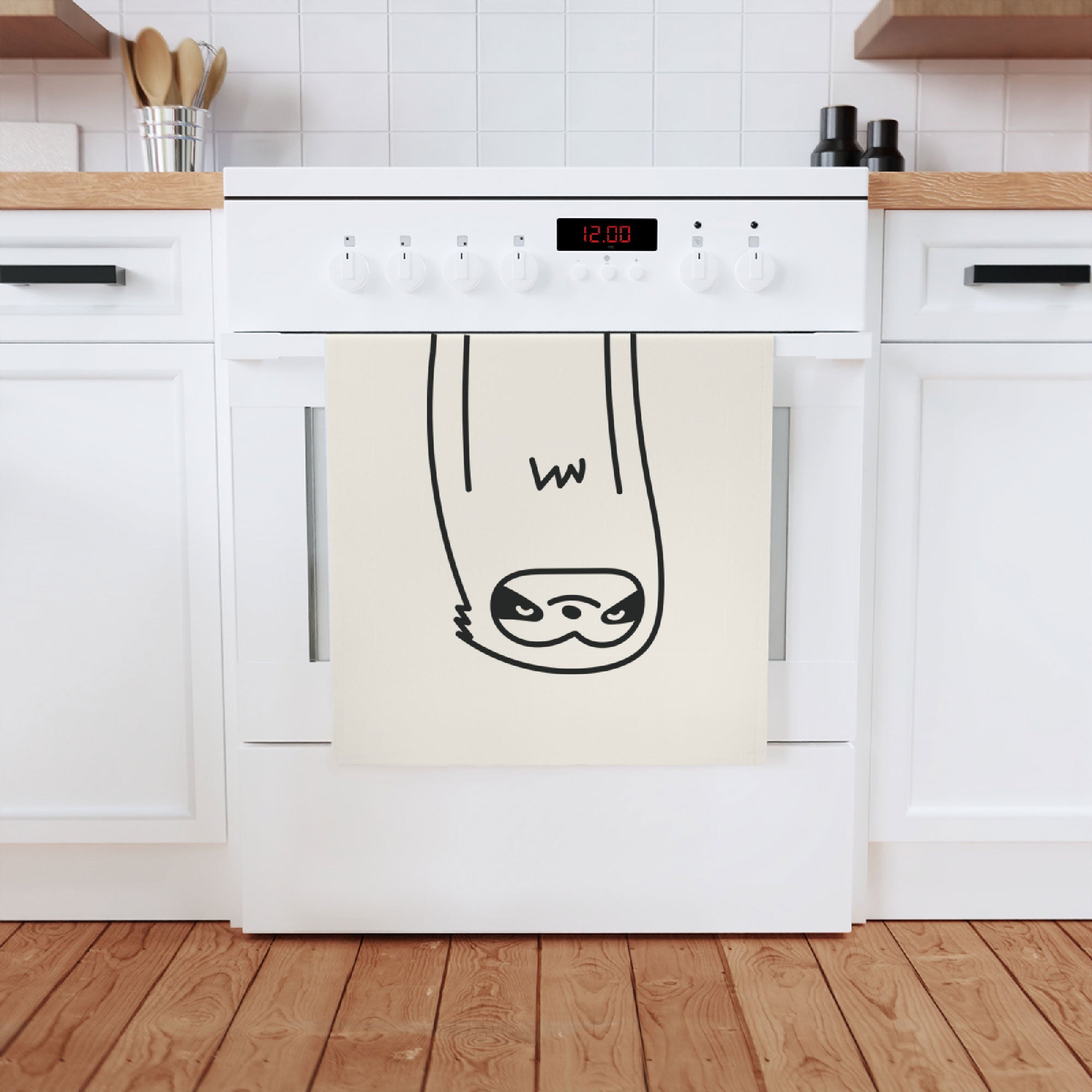 A cute sloth printed on a soft, organic cotton tea towel, measuring 50 x 70 cm, perfect for kitchen decor.