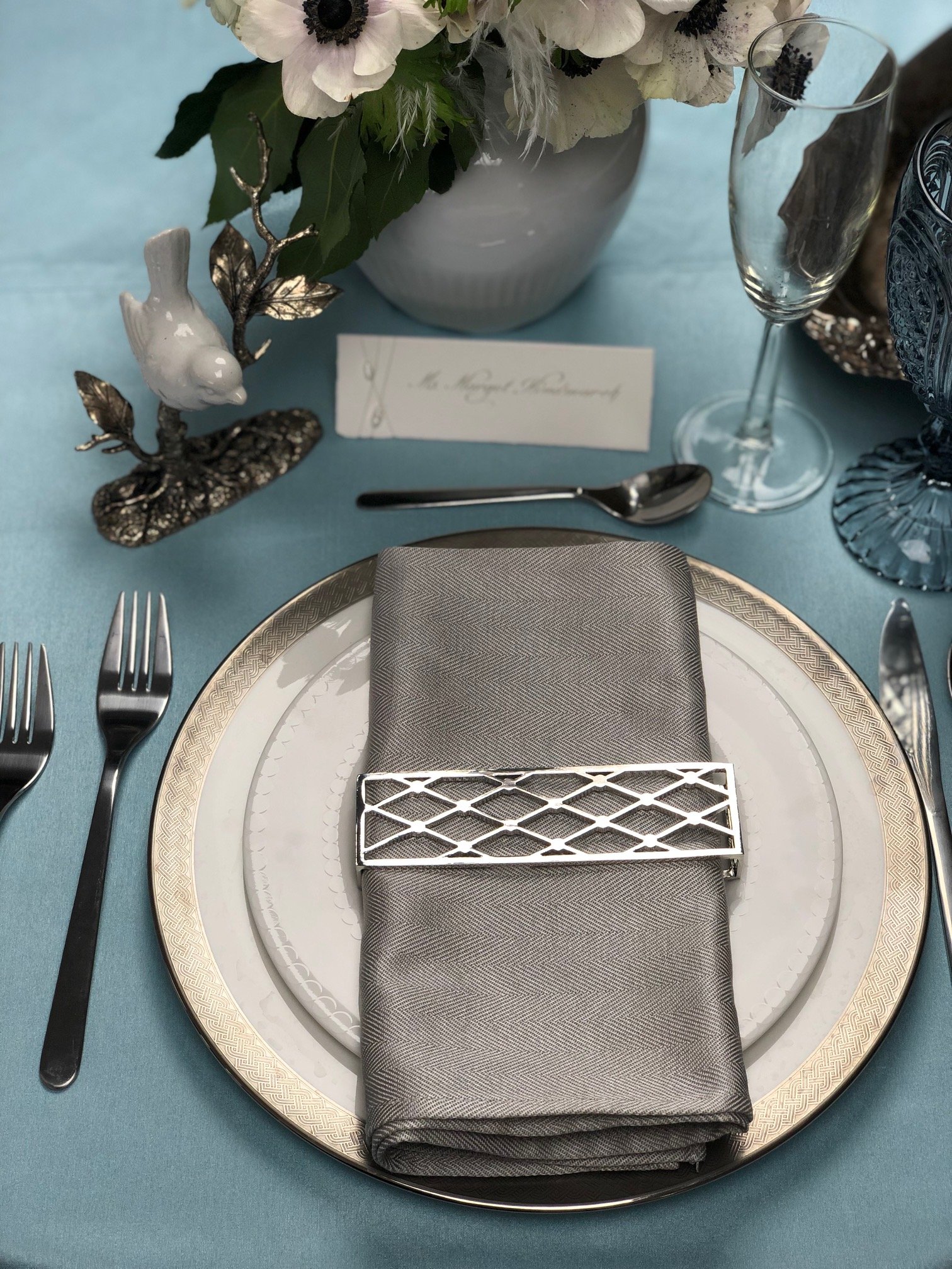 Small Trellis Napkin Wrap in shiny silver, featuring a modern trellis design that enhances table settings.