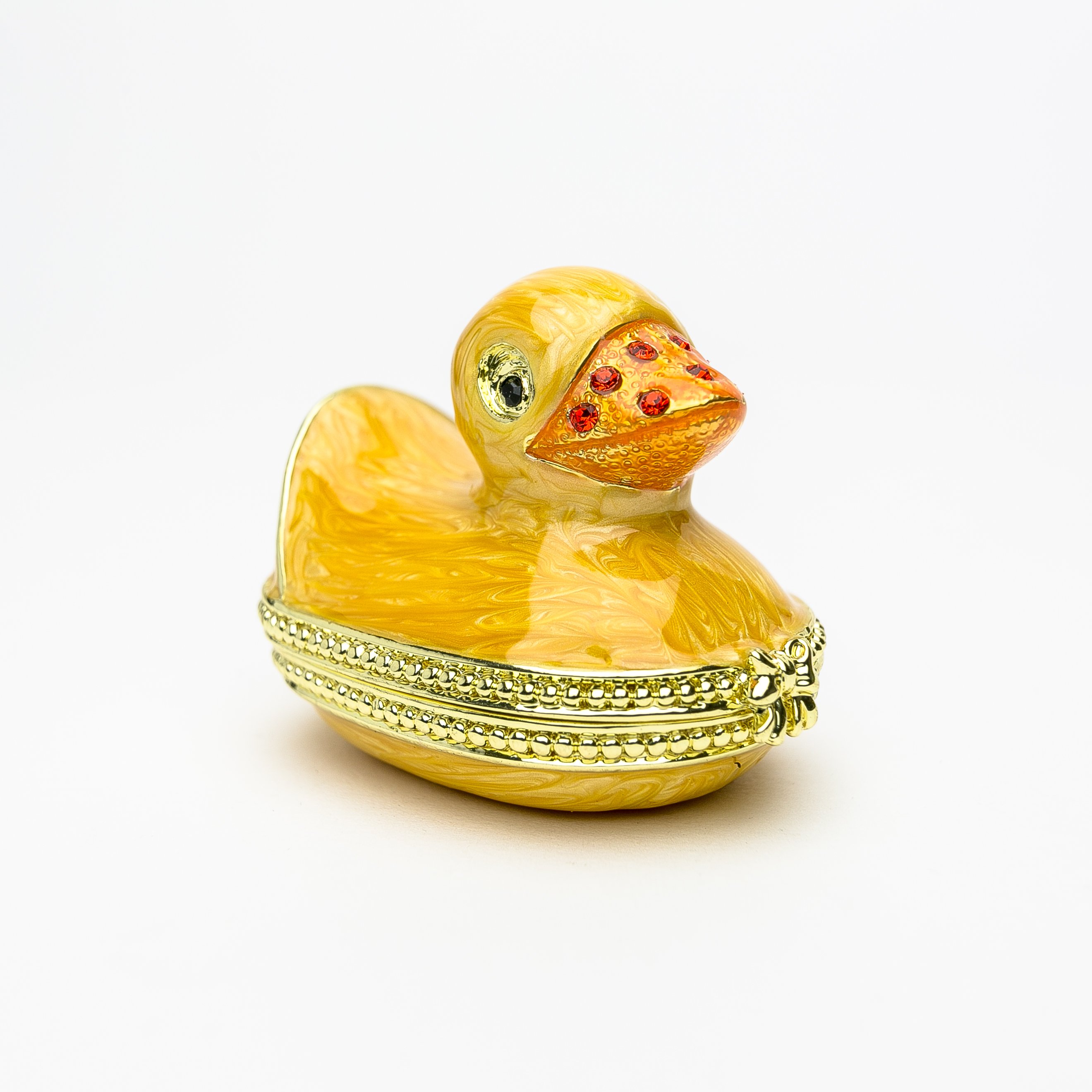 Small yellow bath duck trinket box with Austrian crystals and gold plating, handcrafted by Keren Kopal.