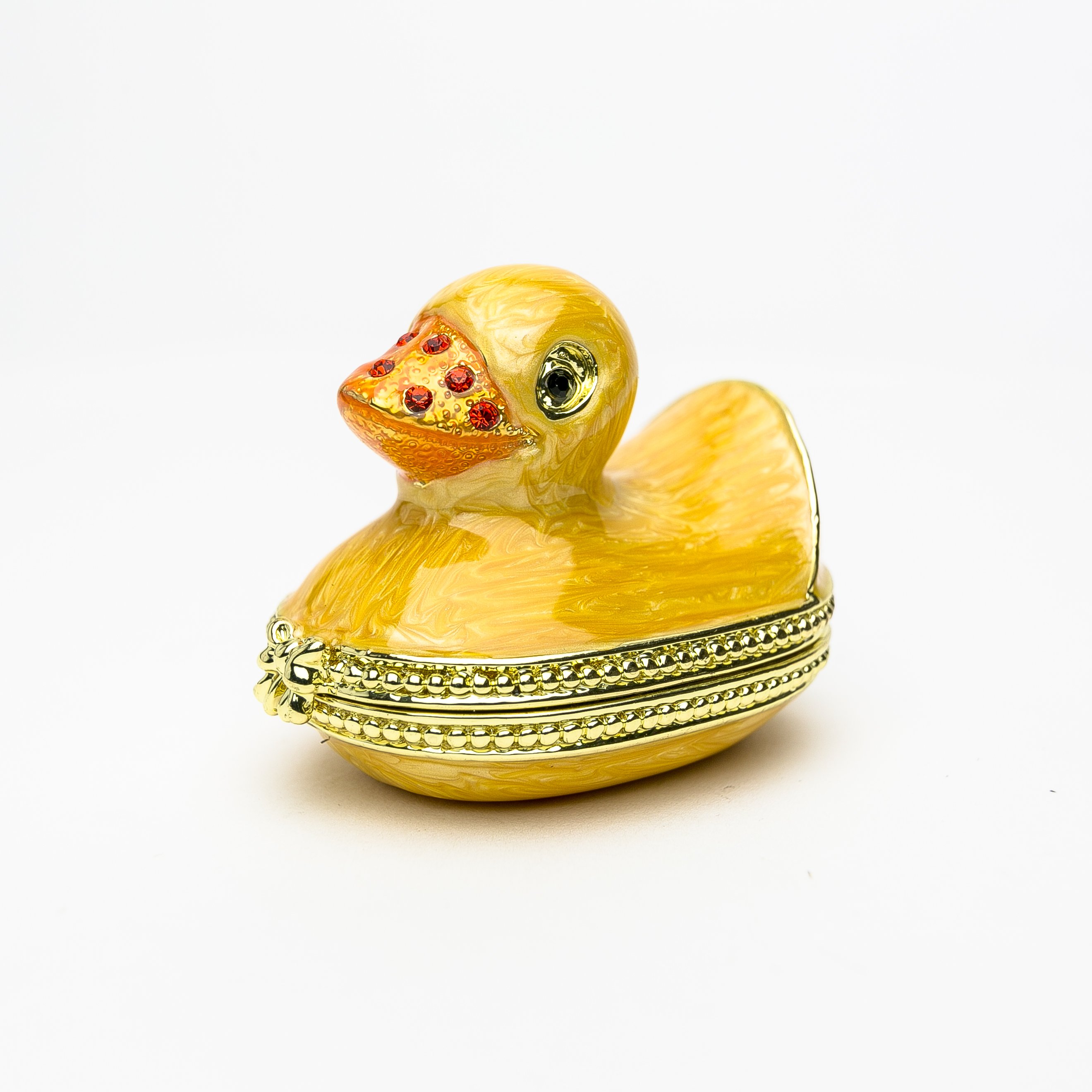 Small yellow bath duck trinket box with Austrian crystals and gold plating, handcrafted by Keren Kopal.