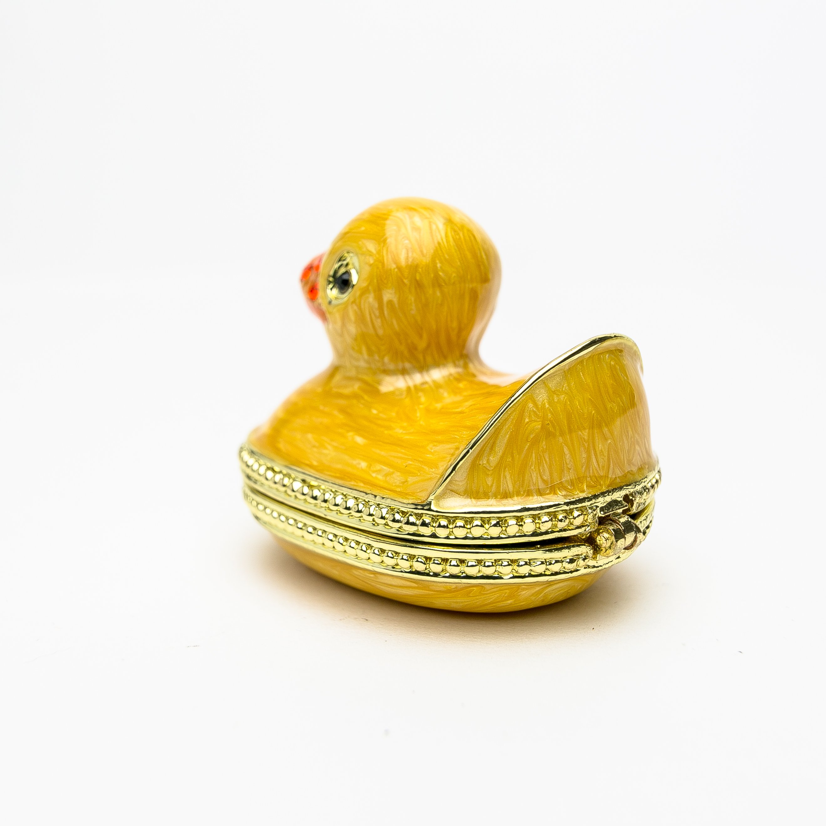 Small yellow bath duck trinket box with Austrian crystals and gold plating, handcrafted by Keren Kopal.