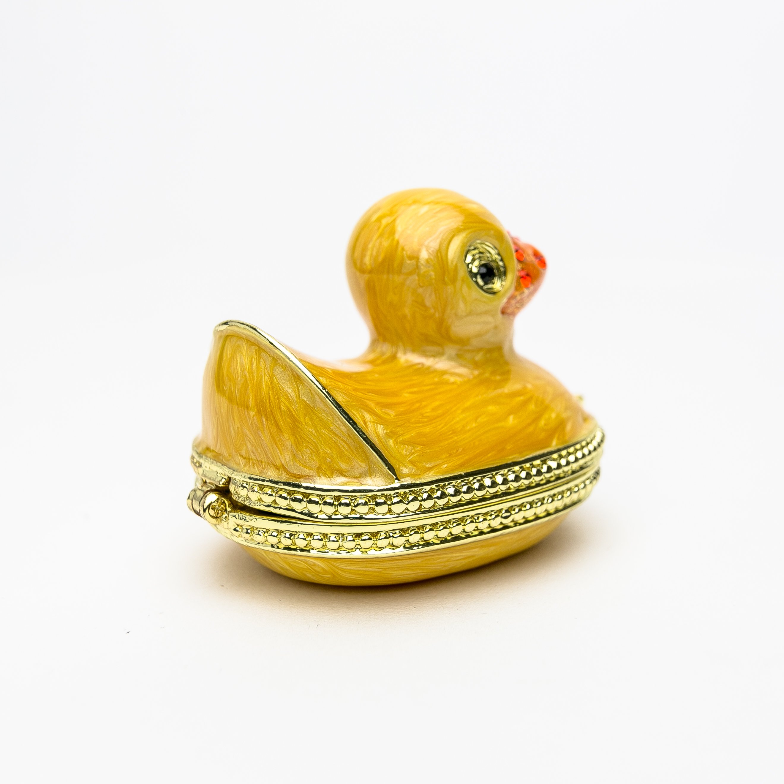 Small yellow bath duck trinket box with Austrian crystals and gold plating, handcrafted by Keren Kopal.