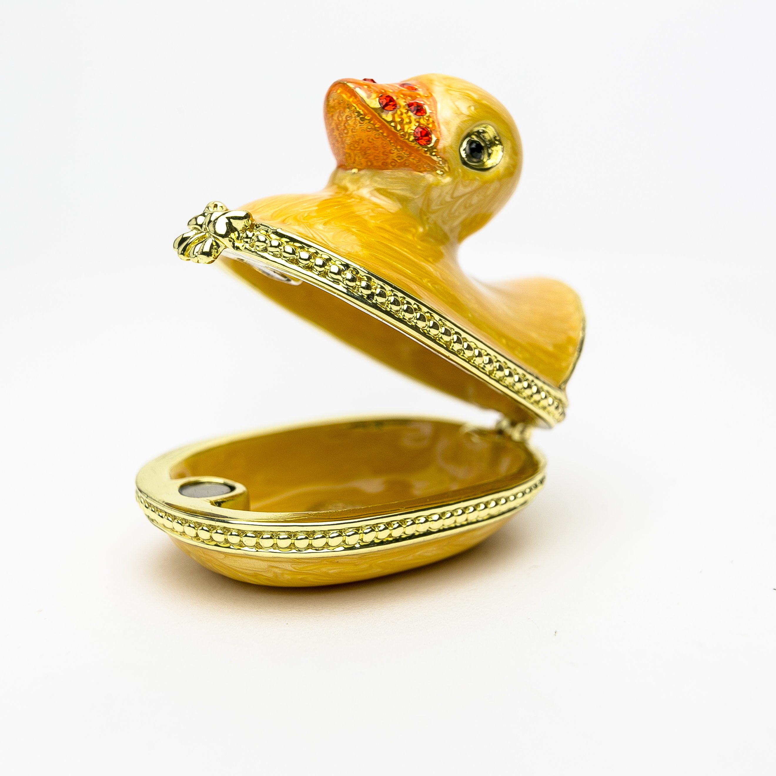 Small yellow bath duck trinket box with Austrian crystals and gold plating, handcrafted by Keren Kopal.