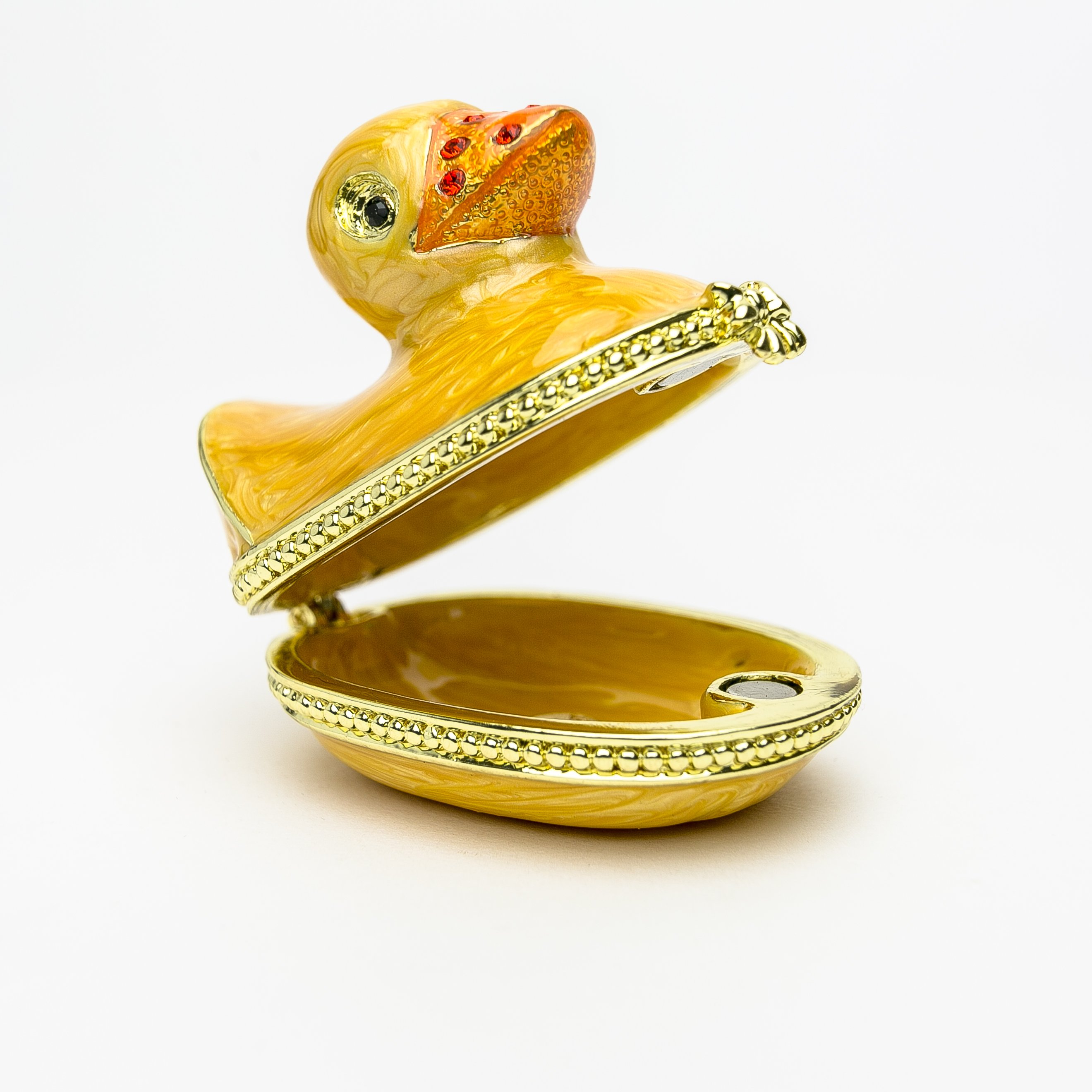 Small yellow bath duck trinket box with Austrian crystals and gold plating, handcrafted by Keren Kopal.