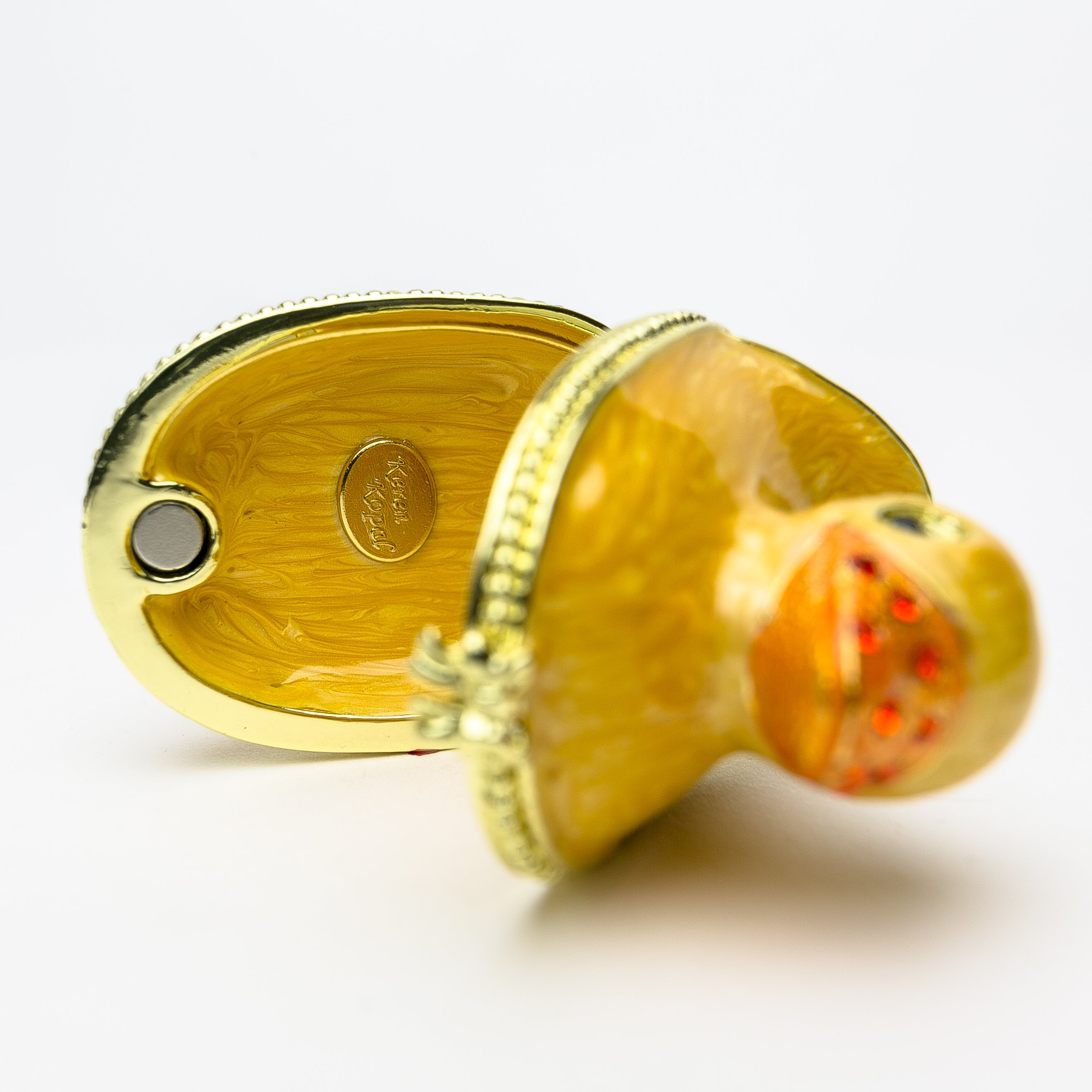 Small yellow bath duck trinket box with Austrian crystals and gold plating, handcrafted by Keren Kopal.