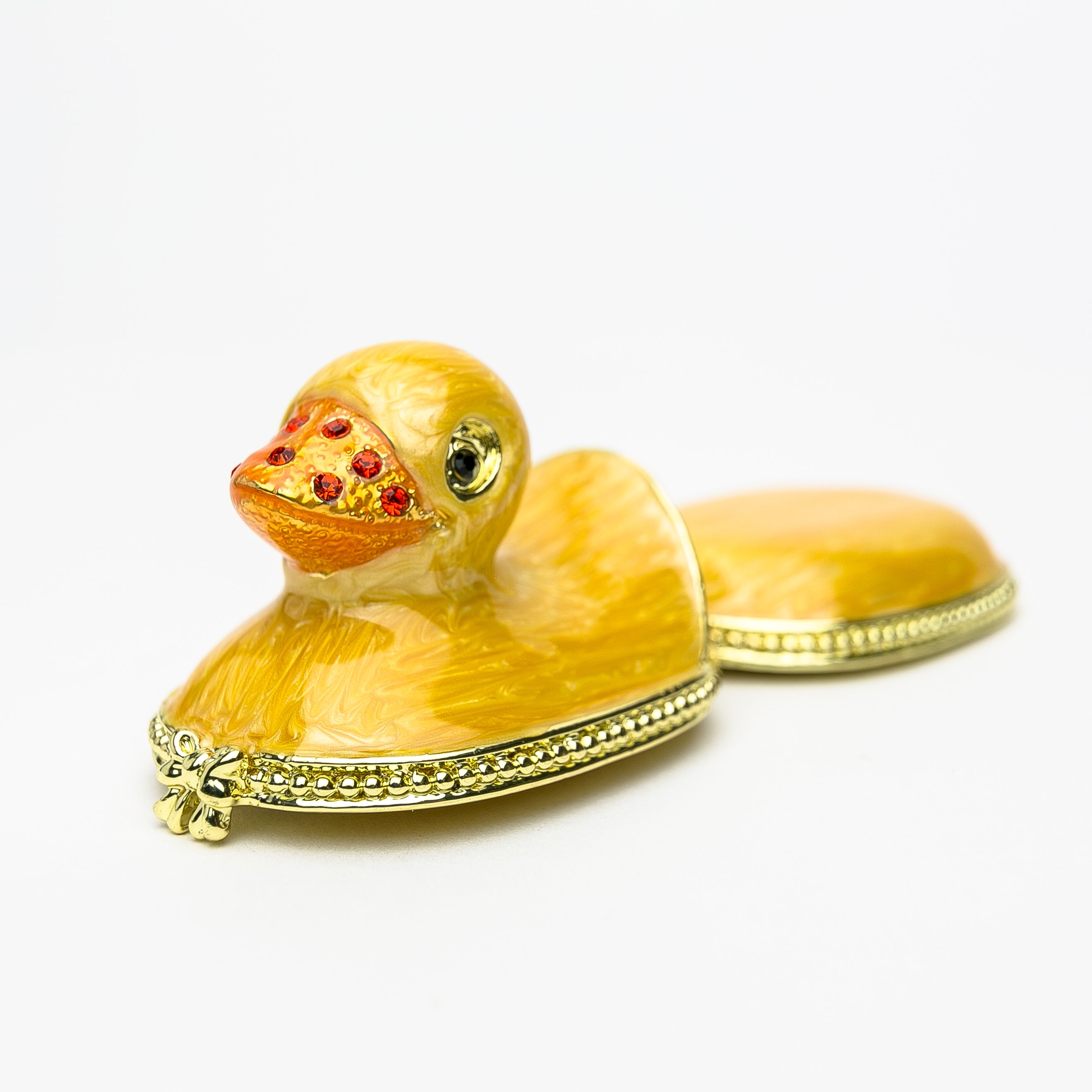 Small yellow bath duck trinket box with Austrian crystals and gold plating, handcrafted by Keren Kopal.