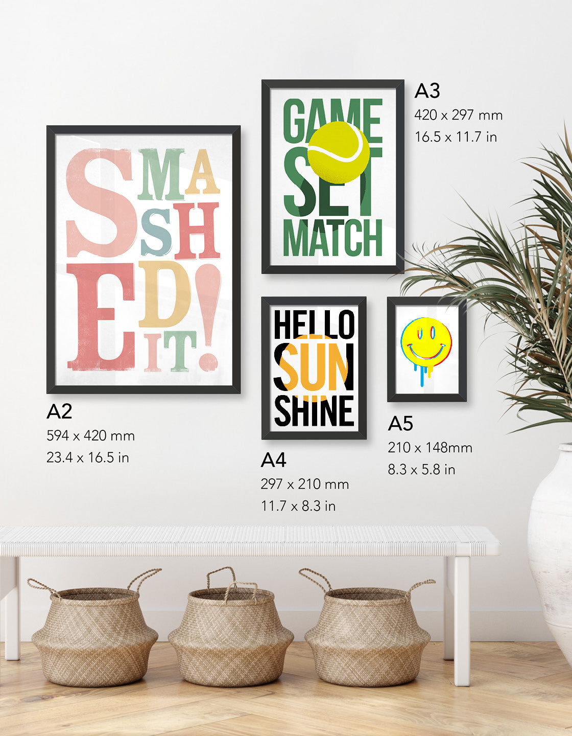 A vibrant tennis-themed wall art print featuring motivational typography, perfect for games rooms.