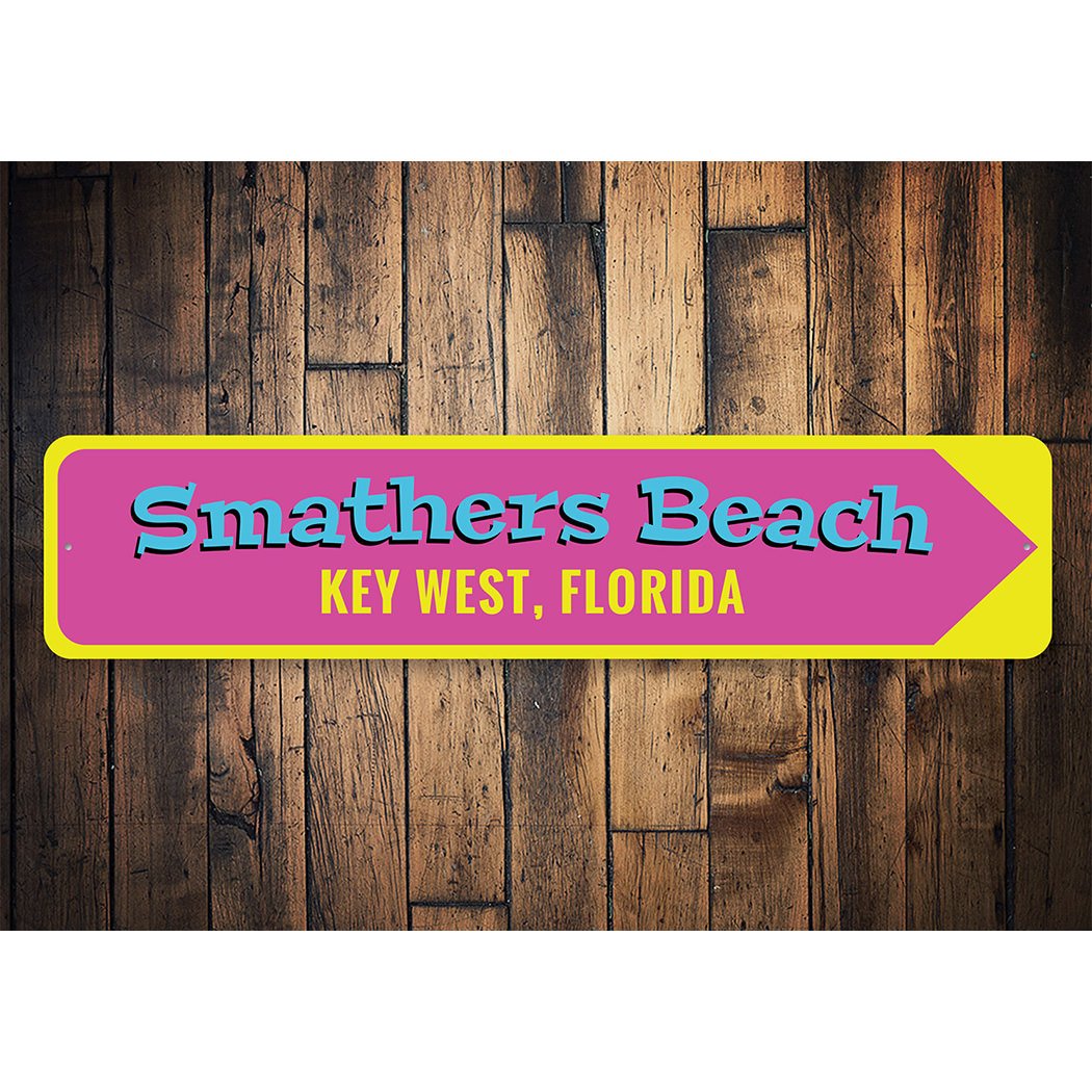 Smathers Beach Key West Sign made of high-quality aluminum, featuring a vibrant beach-themed design, perfect for coastal decor.