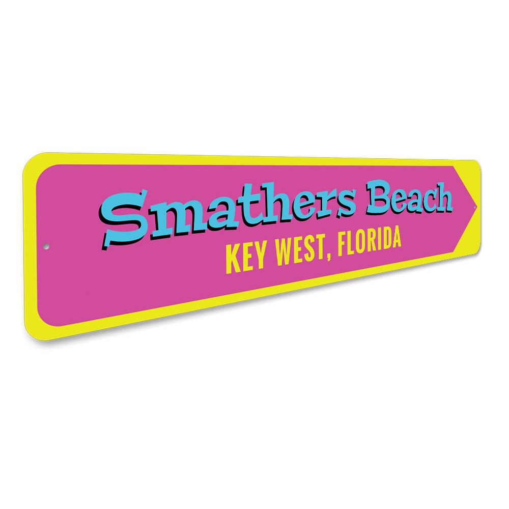 Smathers Beach Key West Sign made of high-quality aluminum, featuring a vibrant beach-themed design, perfect for coastal decor.