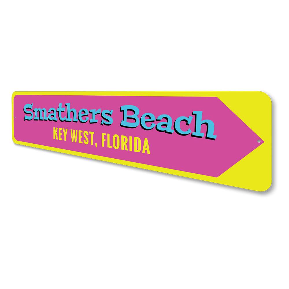 Smathers Beach Key West Sign made of high-quality aluminum, featuring a vibrant beach-themed design, perfect for coastal decor.