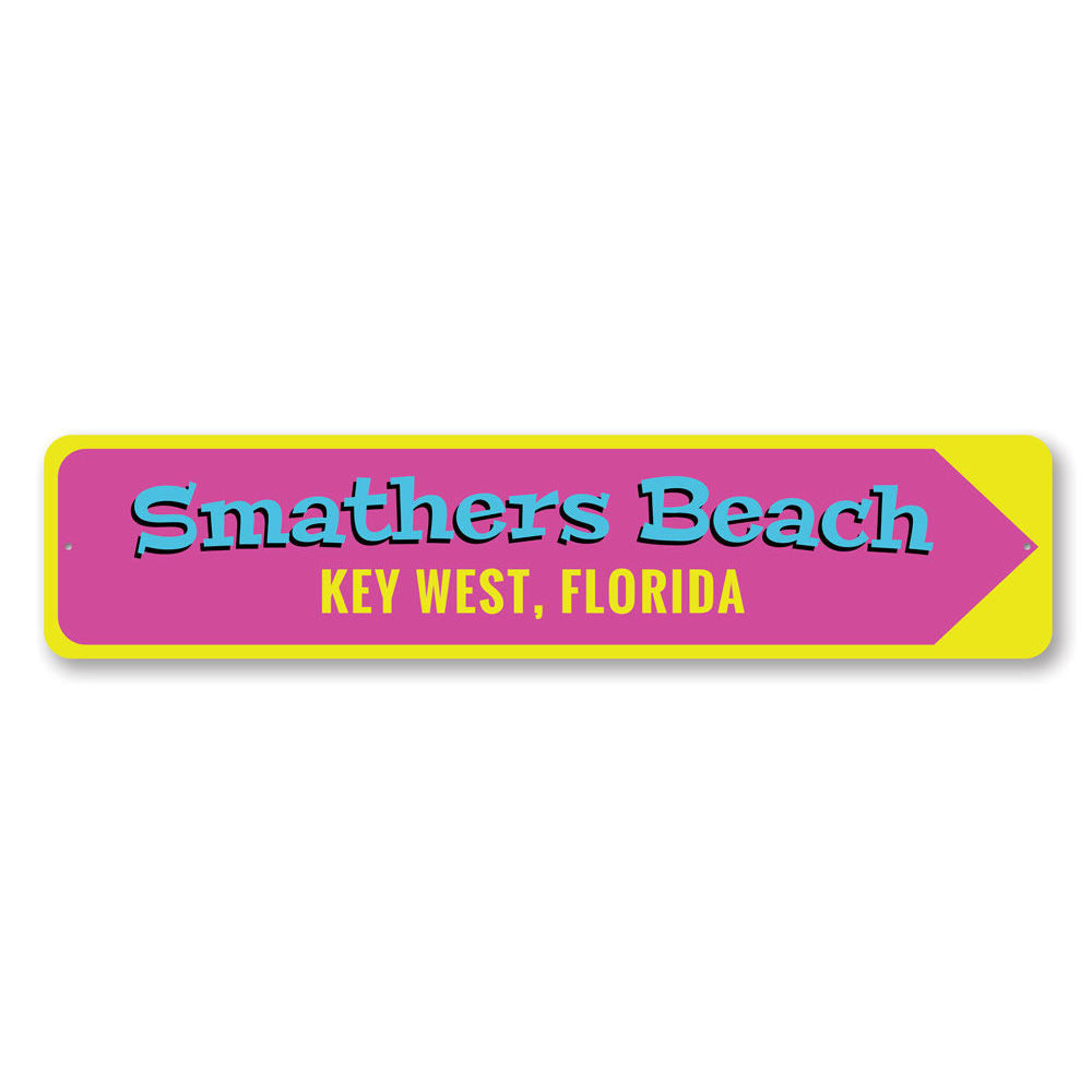 Smathers Beach Key West Sign made of high-quality aluminum, featuring a vibrant beach-themed design, perfect for coastal decor.