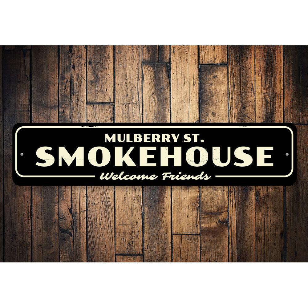 Customizable Smokehouse Sign made of high-quality aluminum, featuring pre-drilled holes for easy mounting, perfect for businesses and gifts.