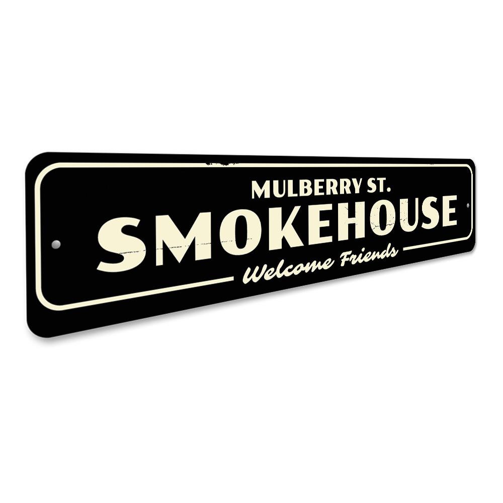 Customizable Smokehouse Sign made of high-quality aluminum, featuring pre-drilled holes for easy mounting, perfect for businesses and gifts.