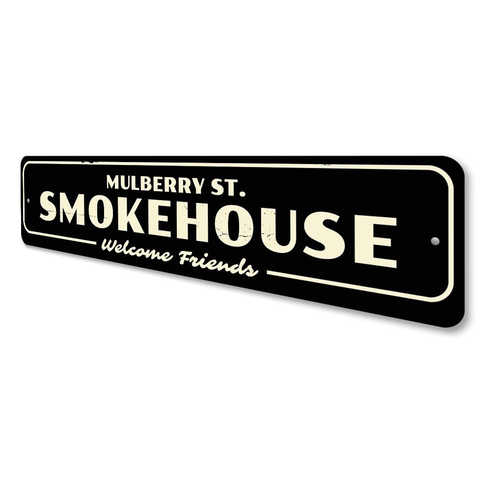 Customizable Smokehouse Sign made of high-quality aluminum, featuring pre-drilled holes for easy mounting, perfect for businesses and gifts.