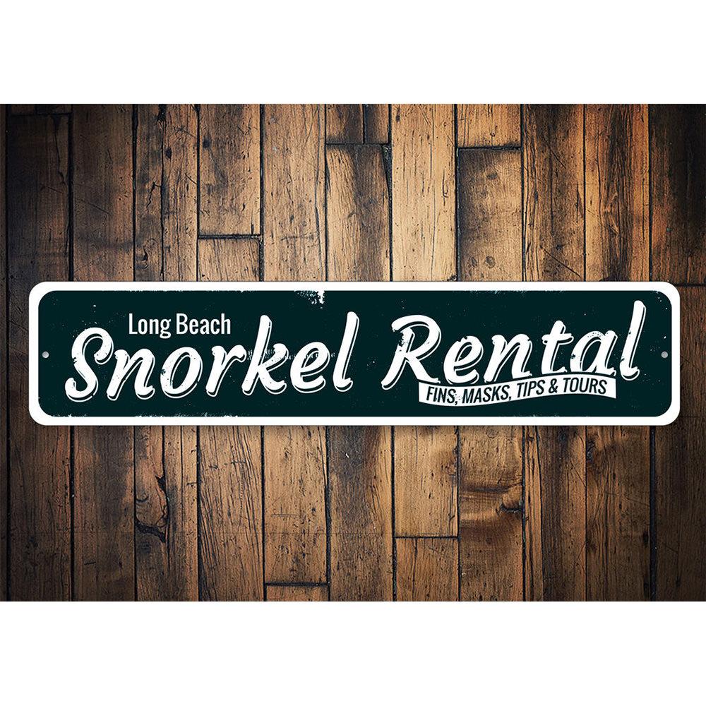 A vibrant Snorkel Rental Sign made of durable aluminum, featuring customizable text and pre-drilled holes for easy mounting, perfect for beach houses.