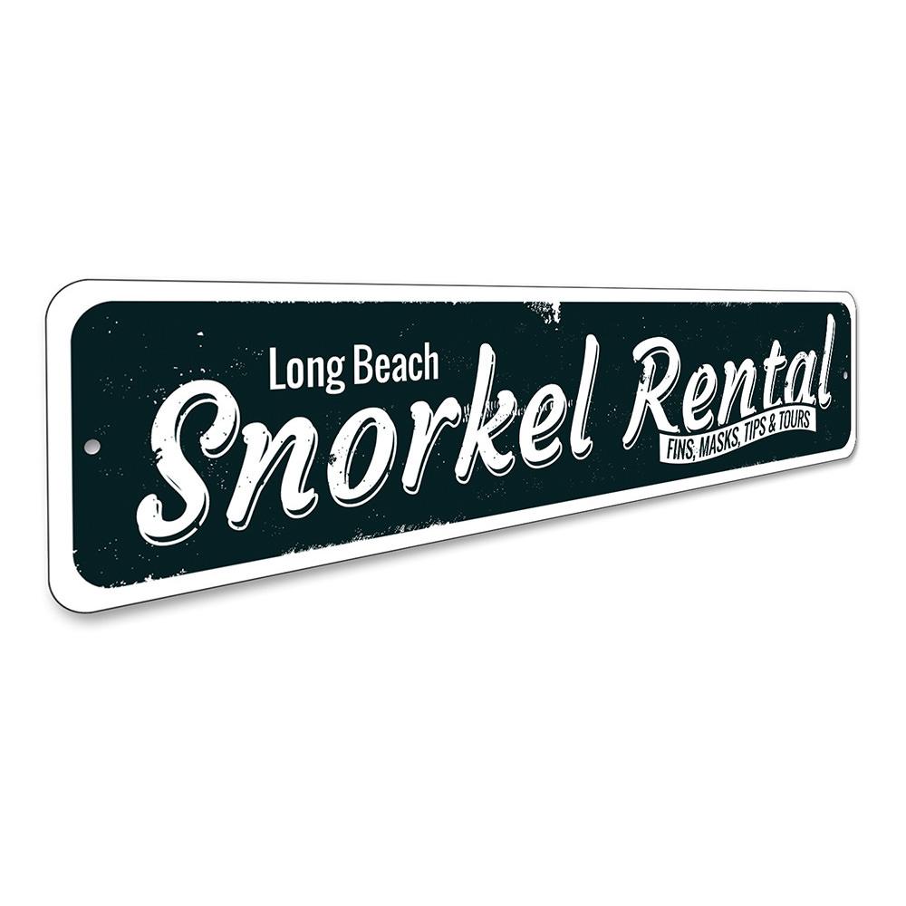 A vibrant Snorkel Rental Sign made of durable aluminum, featuring customizable text and pre-drilled holes for easy mounting, perfect for beach houses.