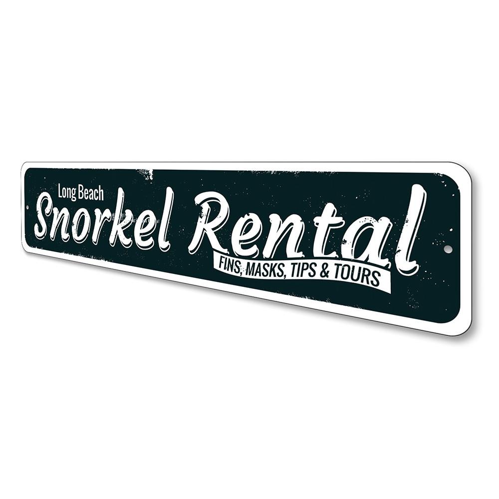 A vibrant Snorkel Rental Sign made of durable aluminum, featuring customizable text and pre-drilled holes for easy mounting, perfect for beach houses.