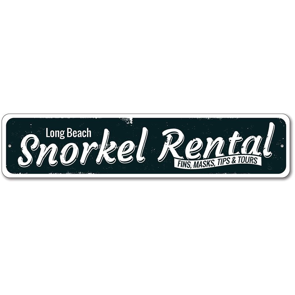 A vibrant Snorkel Rental Sign made of durable aluminum, featuring customizable text and pre-drilled holes for easy mounting, perfect for beach houses.