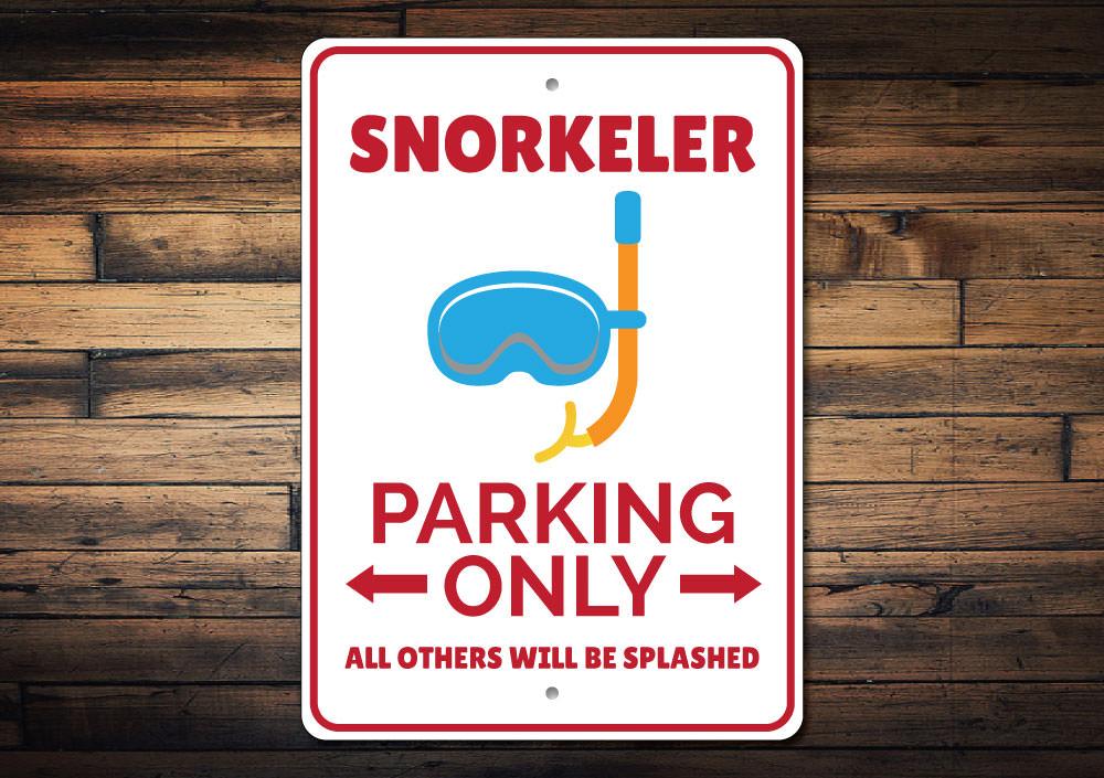 A colorful Snorkeler Parking Sign made of durable aluminum, featuring a snorkeler graphic and customizable text options.