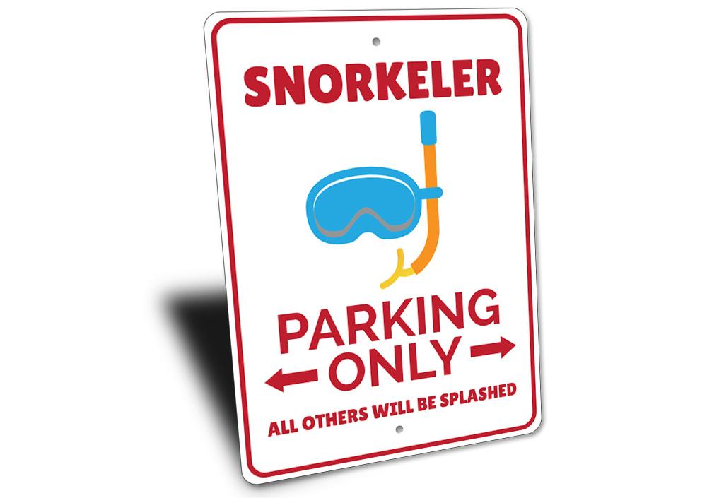 A colorful Snorkeler Parking Sign made of durable aluminum, featuring a snorkeler graphic and customizable text options.