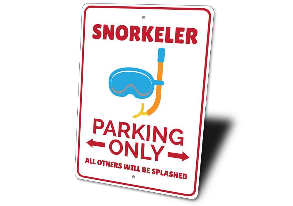 A colorful Snorkeler Parking Sign made of durable aluminum, featuring a snorkeler graphic and customizable text options.