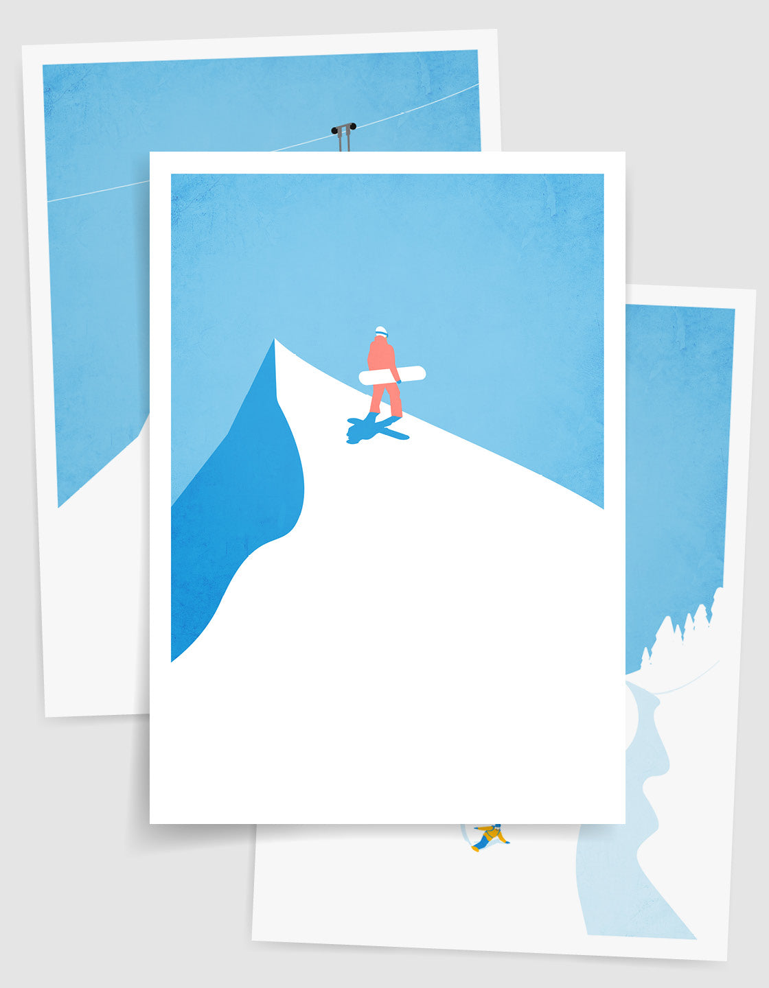 A collection of three minimalistic snowboard posters arranged for a gallery wall display, showcasing winter sports themes.