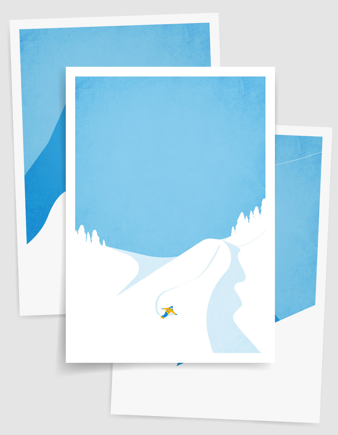 A collection of three minimalistic snowboard posters arranged for a gallery wall display, showcasing winter sports themes.