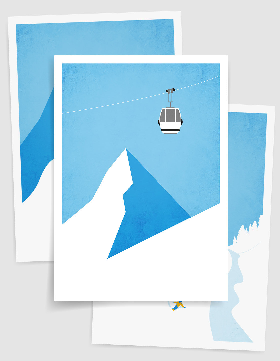 A collection of three minimalistic snowboard posters arranged for a gallery wall display, showcasing winter sports themes.