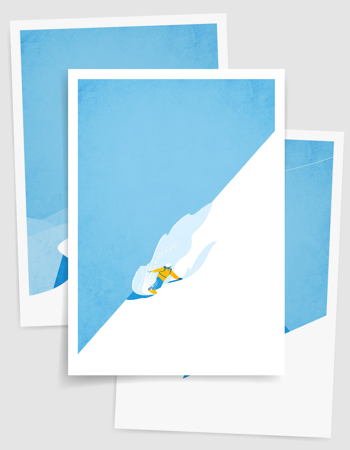 A minimalist art set of 3 posters featuring a snowboarder on a peak, a ski gondola against a blue sky, and a boarder riding powder on a mountainside.