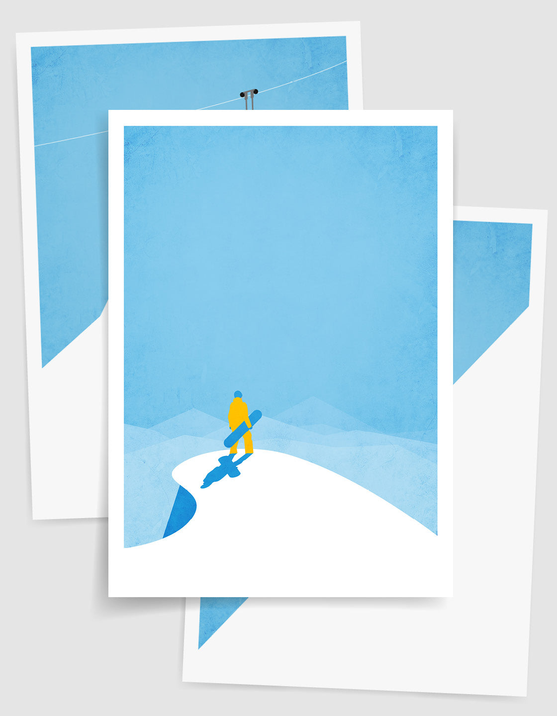 A minimalist art set of 3 posters featuring a snowboarder on a peak, a ski gondola against a blue sky, and a boarder riding powder on a mountainside.