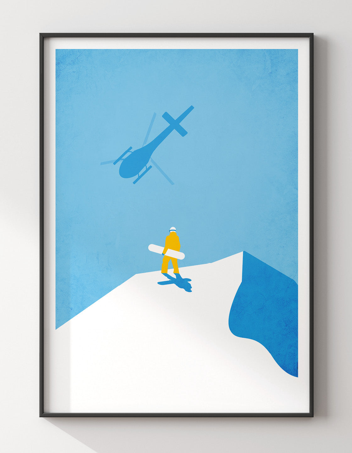 Vintage travel-style snowboard poster featuring a heliboarder in action, perfect for home or office decor.