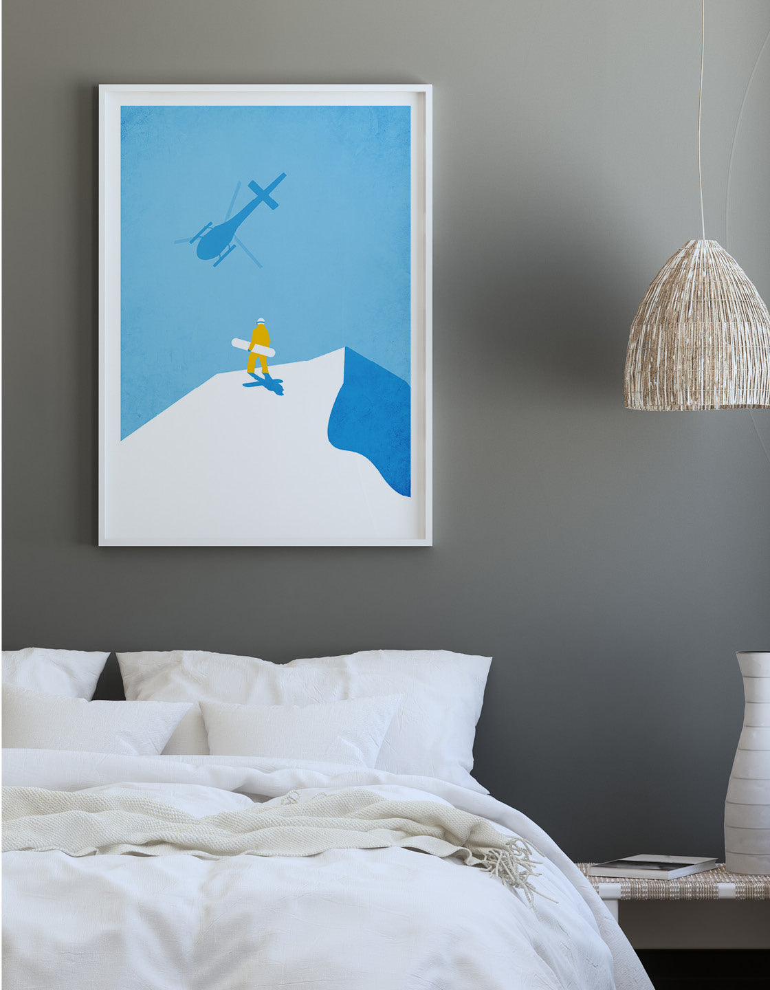 Vintage travel-style snowboard poster featuring a heliboarder in action, perfect for home or office decor.