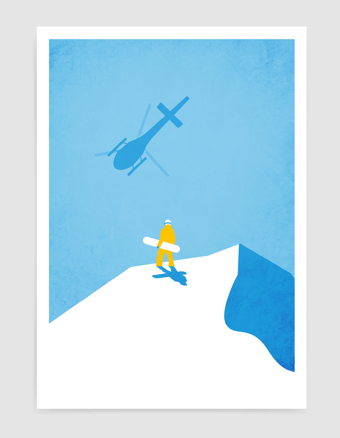 Vintage travel-style snowboard poster featuring a heliboarder in action, perfect for home or office decor.